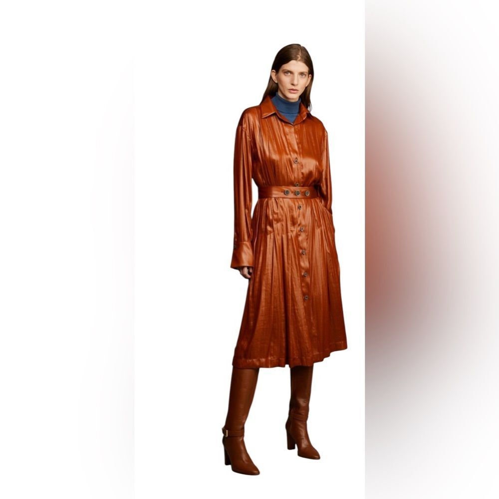 NEW Eleventy Copper Metalic Long Sleeve Belted Coated Effect Shirt Midi Dress S